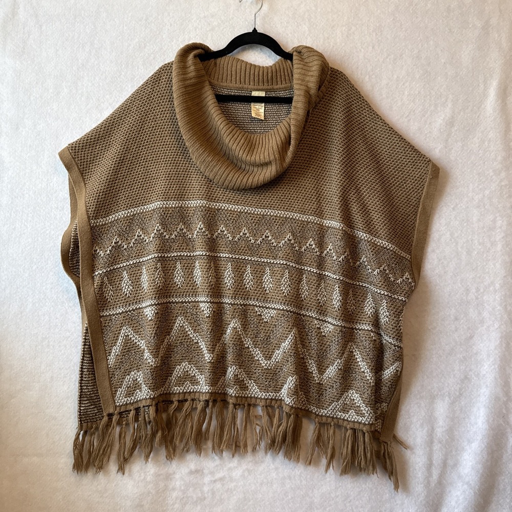 Faded Glory Knit Poncho Sweater Cowl Neck Aztec Fringe Boho Western Tan XXL Chic